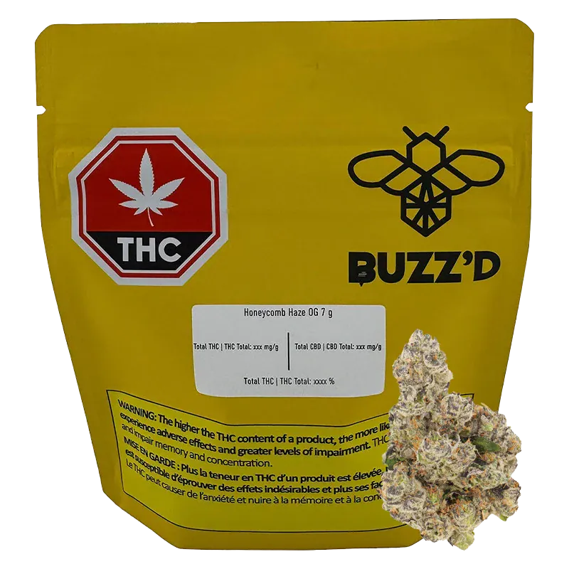 Front view of the yellow Buzz'D Honeycomb Haze pouch with a THC warning icon and a cluster of cannabis buds at the lower right.