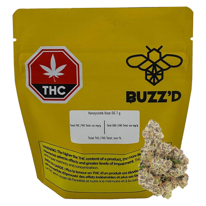 Front view of the yellow Buzz'D Honeycomb Haze pouch with a THC warning icon and a cluster of cannabis buds at the lower right.