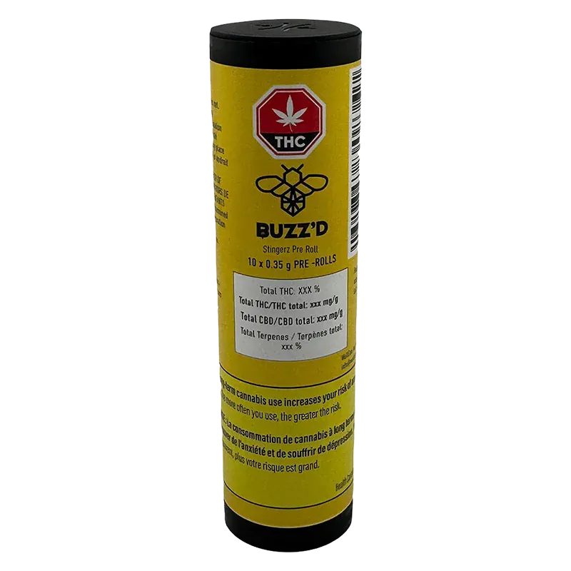 Tall frontal view of the yellow Stingerz PR 10 x 0.35 g tube showing black lid, THC symbol, bee logo, and nutrition-style label.