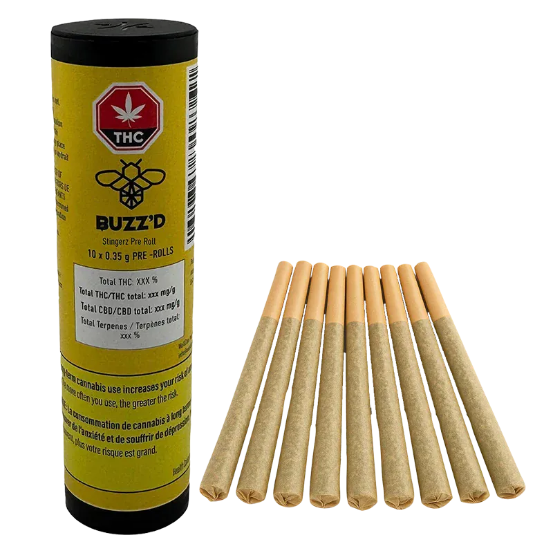 Right-side view of ten neatly aligned pre-rolls beside a standing yellow Buzz'D Stingerz PR 10 x 0.35 g container.