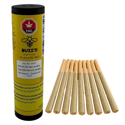 Right-side view of ten neatly aligned pre-rolls beside a standing yellow Buzz'D Stingerz PR 10 x 0.35 g container.