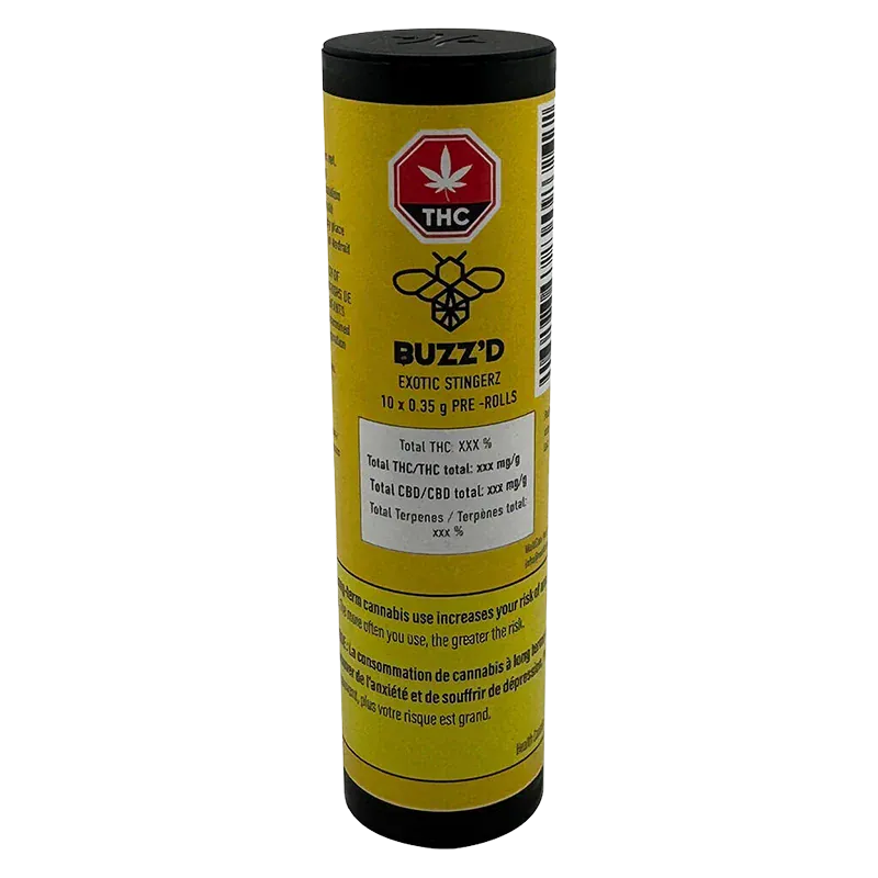 Tall front-facing yellow tube labeled Exotic Stingerz PR 10 x 0.35 g showing a black lid, THC symbol, bee logo, and nutrition-style text block.