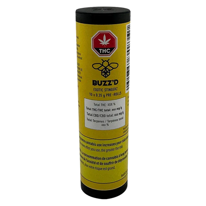 Tall front-facing yellow tube labeled Exotic Stingerz PR 10 x 0.35 g showing a black lid, THC symbol, bee logo, and nutrition-style text block.