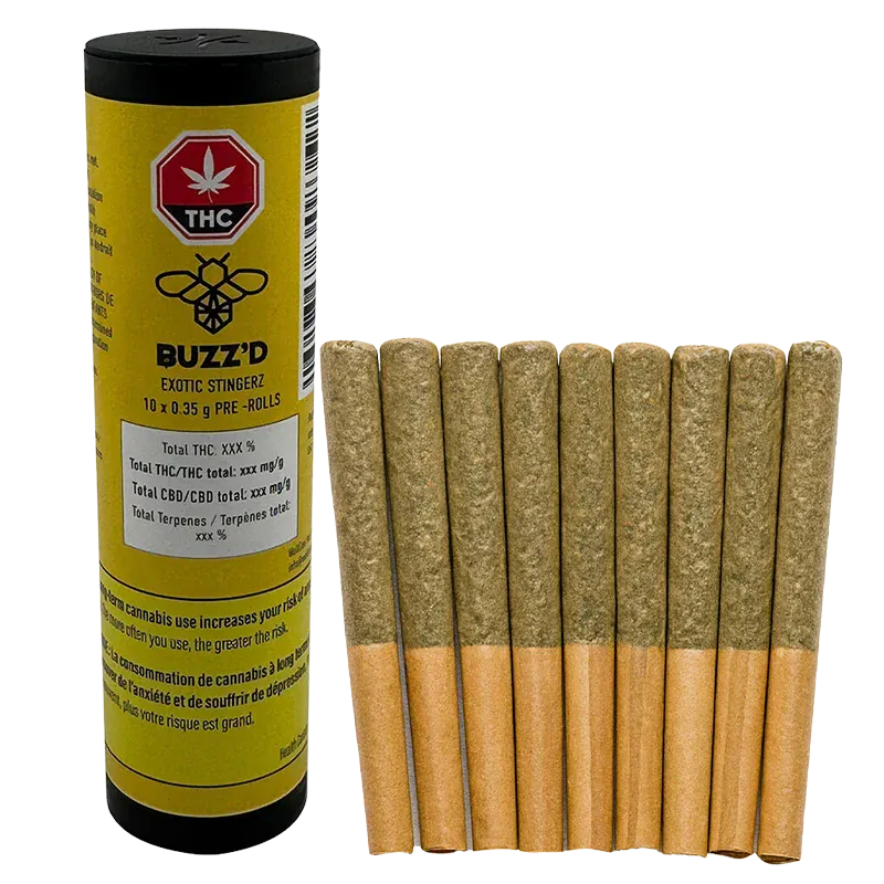 Front-facing shot of a row of ten pre-rolls beside a standing yellow tube labeled Exotic Stingerz PR 10 x 0.35 g.