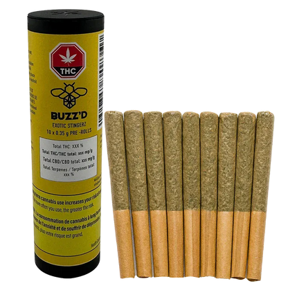 Front-facing shot of a row of ten pre-rolls beside a standing yellow tube labeled Exotic Stingerz PR 10 x 0.35 g.