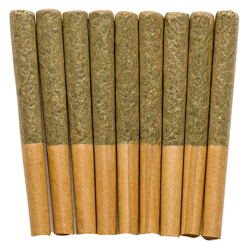 Top-down close view of ten tightly packed pre-rolls in a row from Exotic Stingerz PR 10 x 0.35 g, showing textured green fill and brown paper tips.