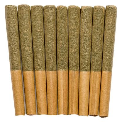 Top-down close view of ten tightly packed pre-rolls in a row from Exotic Stingerz PR 10 x 0.35 g, showing textured green fill and brown paper tips.
