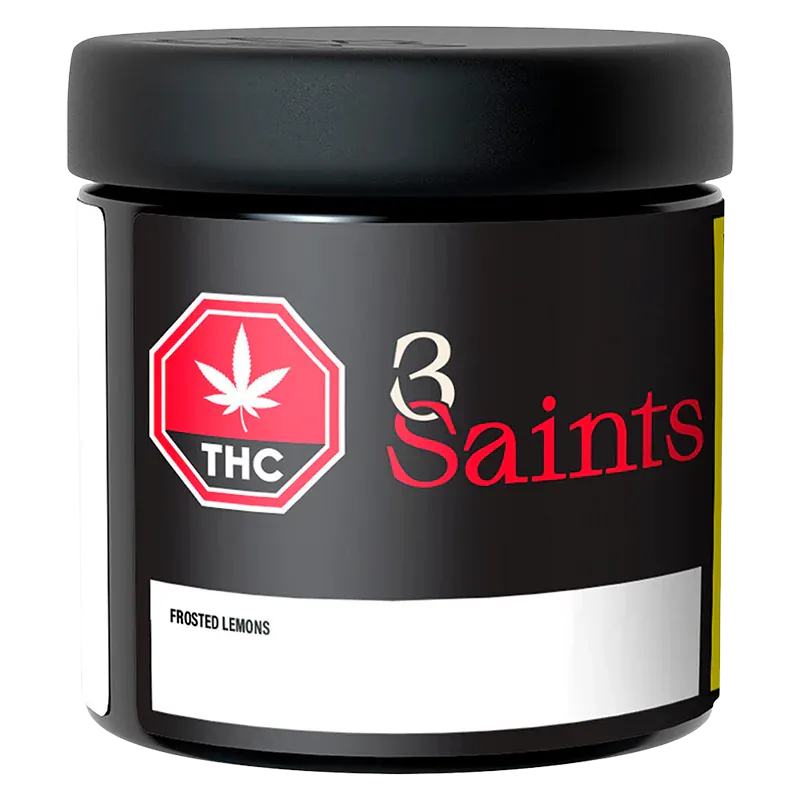 Close-up front view of the black 3 Saints Frosted Lemons jar showing a red THC stop-sign logo and the brand name across the label.