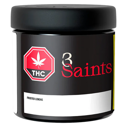 Close-up front view of the black 3 Saints Frosted Lemons jar showing a red THC stop-sign logo and the brand name across the label.