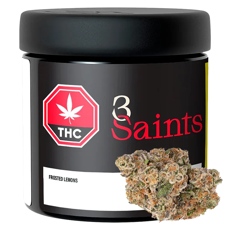 Front-left view of a black jar labeled "3 Saints Frosted Lemons" with a red THC badge and two frosty cannabis buds resting against the label