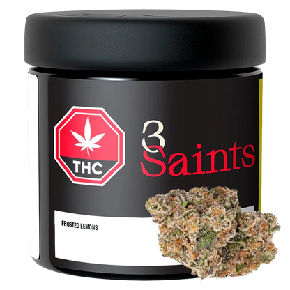 Front-left view of a black jar labeled "3 Saints Frosted Lemons" with a red THC badge and two frosty cannabis buds resting against the label