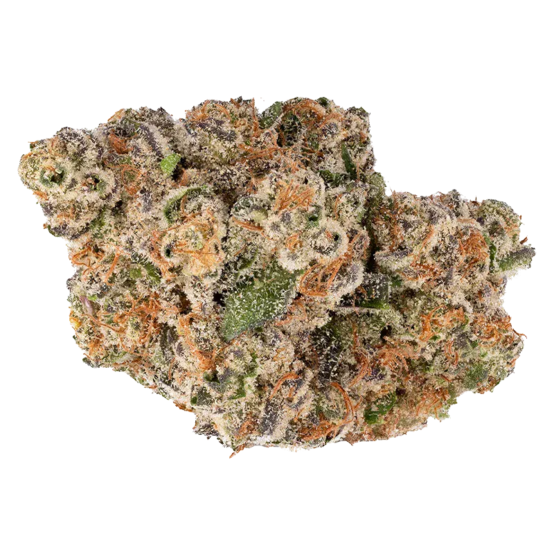 Close-up top view of a frosty cannabis bud labeled Frosted Lemons, showing dense green and purple leaves dusted with white trichomes and orange hairs.