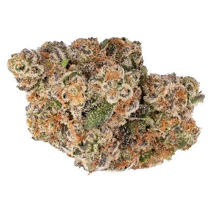 Close-up top view of a frosty cannabis bud labeled Frosted Lemons, showing dense green and purple leaves dusted with white trichomes and orange hairs.