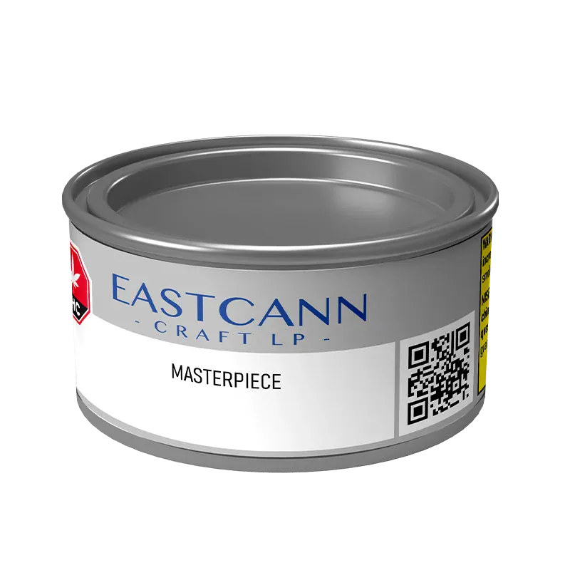 Three-quarter view of the EASTCANN - MASTERPIECE metal tin on a white background showing the blue logo, label text, and QR code.