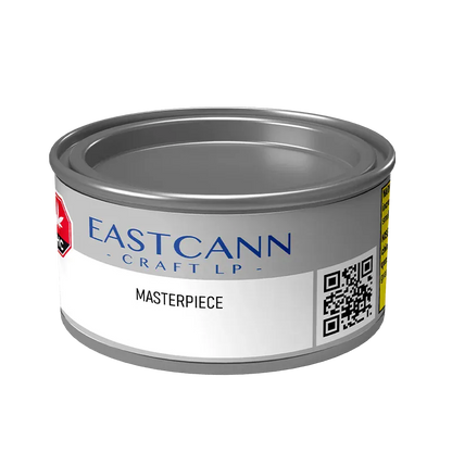Three-quarter view of the EASTCANN - MASTERPIECE metal tin on a white background showing the blue logo, label text, and QR code.