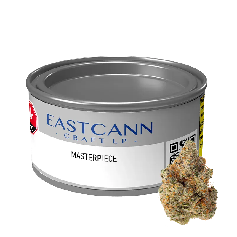 Front-angle view of an Eastcann - Masterpiece metal can with label visible and a single cannabis bud placed at its base.