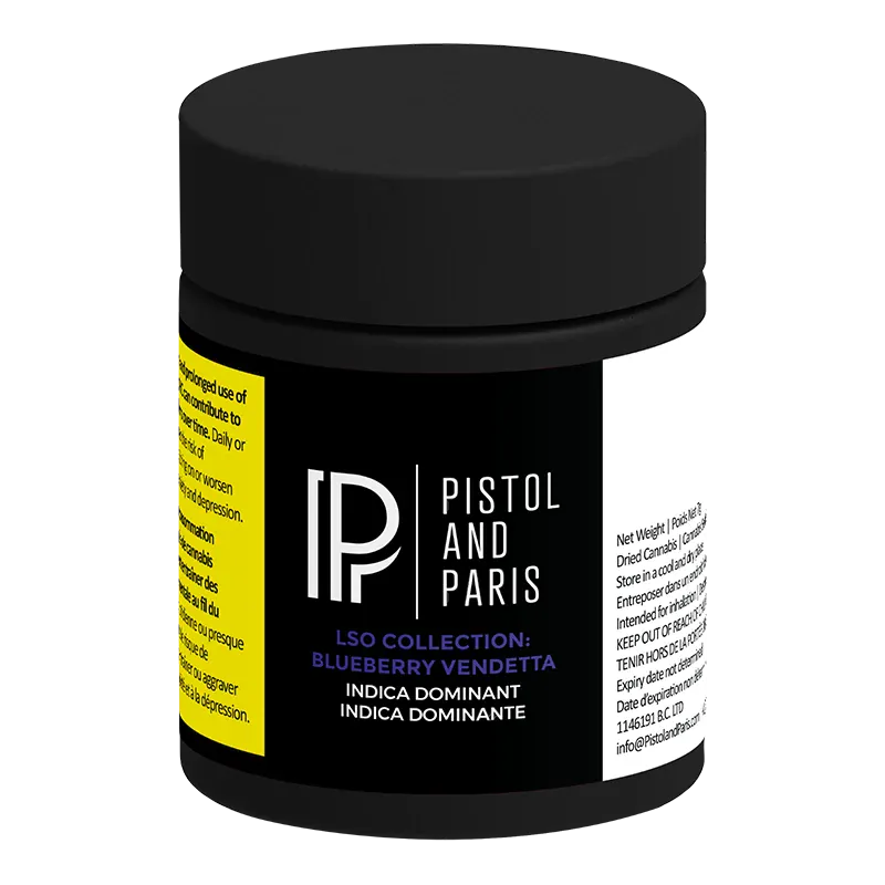 Angled front view of a black jar labeled "LSO Collection Blueberry Vendetta" with Pistol and Paris logo against a white background