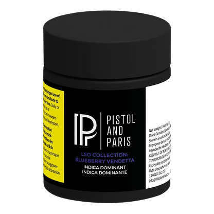 Angled front view of a black jar labeled "LSO Collection Blueberry Vendetta" with Pistol and Paris logo against a white background