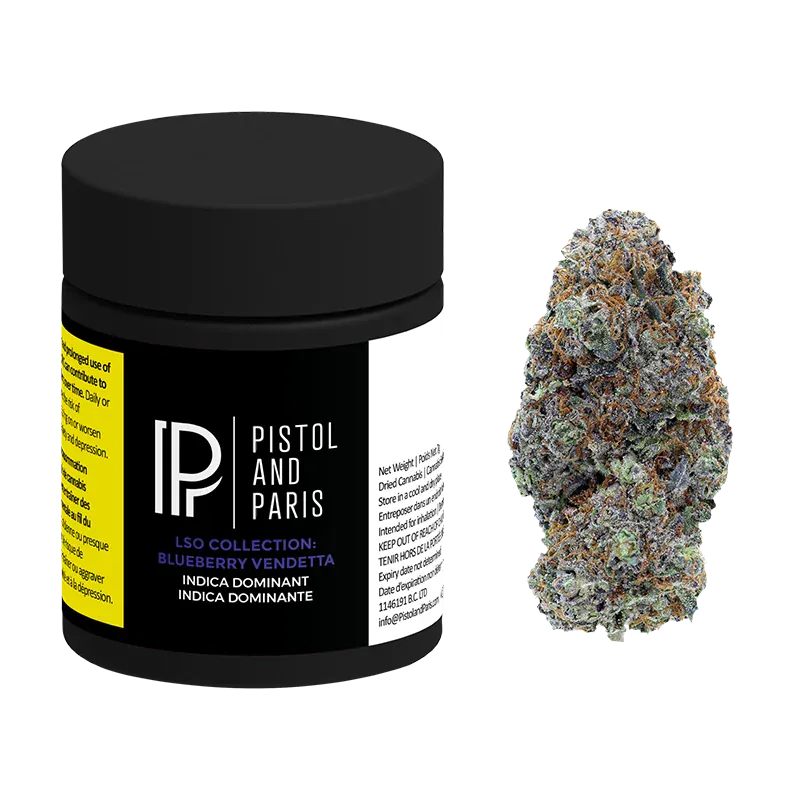 Front-facing jar and a close-up nug shot of LSO Collection Blueberry Vendetta against a white background