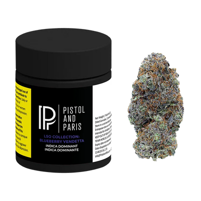 Front-facing jar and a close-up nug shot of LSO Collection Blueberry Vendetta against a white background