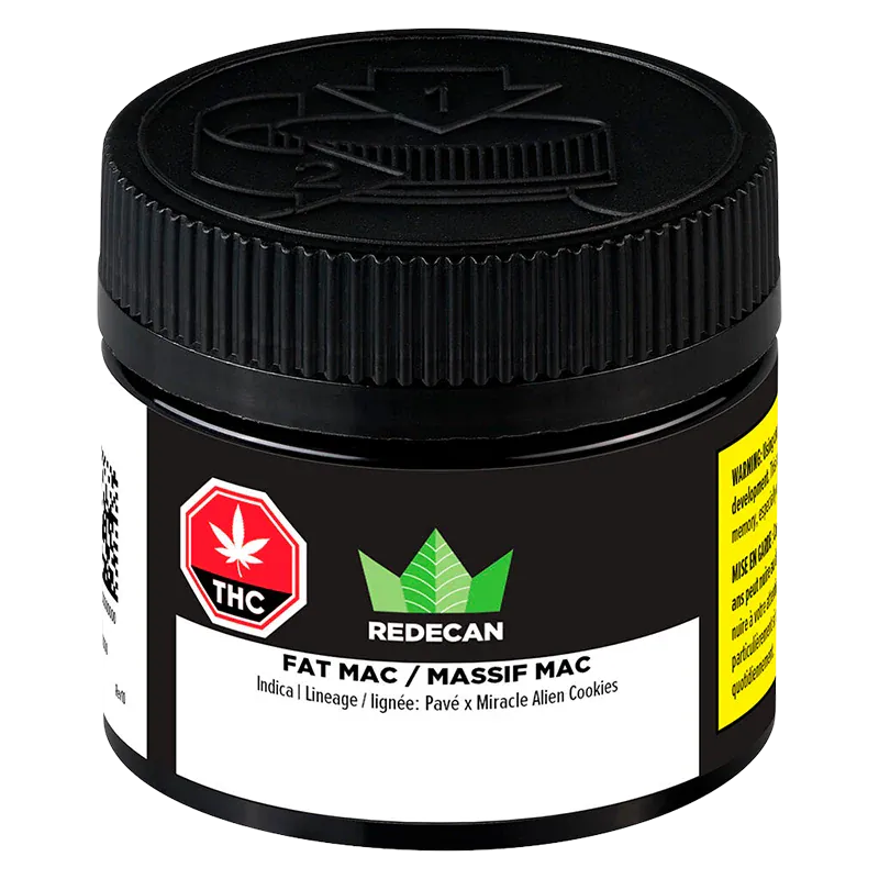 Close-up front view of the black jar labeled RedeCan FAT MAC showing the screw-top lid, THC symbol, and green leaf logo.