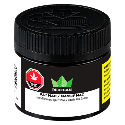 Close-up front view of the black jar labeled RedeCan FAT MAC showing the screw-top lid, THC symbol, and green leaf logo.