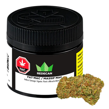 Front-facing shot of a black jar labeled REDECAN FAT MAC with its ribbed screw lid and a cannabis bud resting at the jar's base.