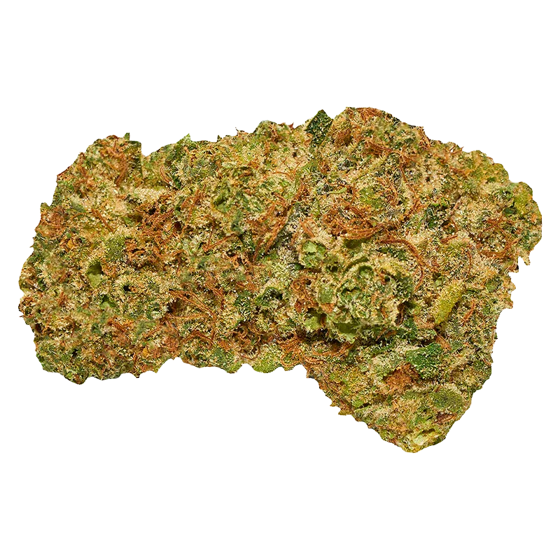 Close-up top view of a dense, green and orange bud labeled FAT MAC showing frosty trichomes and a textured, leafy surface.
