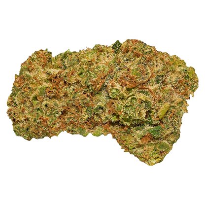 Close-up top view of a dense, green and orange bud labeled FAT MAC showing frosty trichomes and a textured, leafy surface.