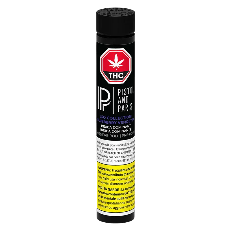 Tall frontal view of the black LSO Collection Blueberry Vendetta PR 3 x 0.5 g tube with red THC badge and yellow warning label.