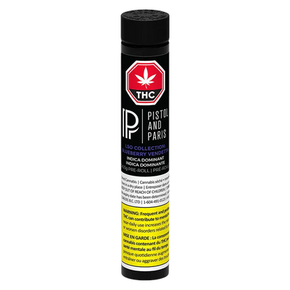 Tall frontal view of the black LSO Collection Blueberry Vendetta PR 3 x 0.5 g tube with red THC badge and yellow warning label.