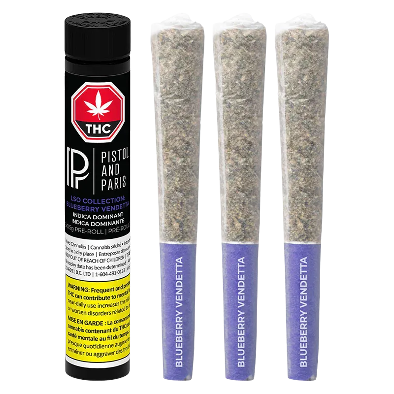 Three pre-rolled joints standing upright next to a black tube, shown front-on with the label "LSO Collection Blueberry Vendetta PR 3 x 0.5 g" visible on the tube.