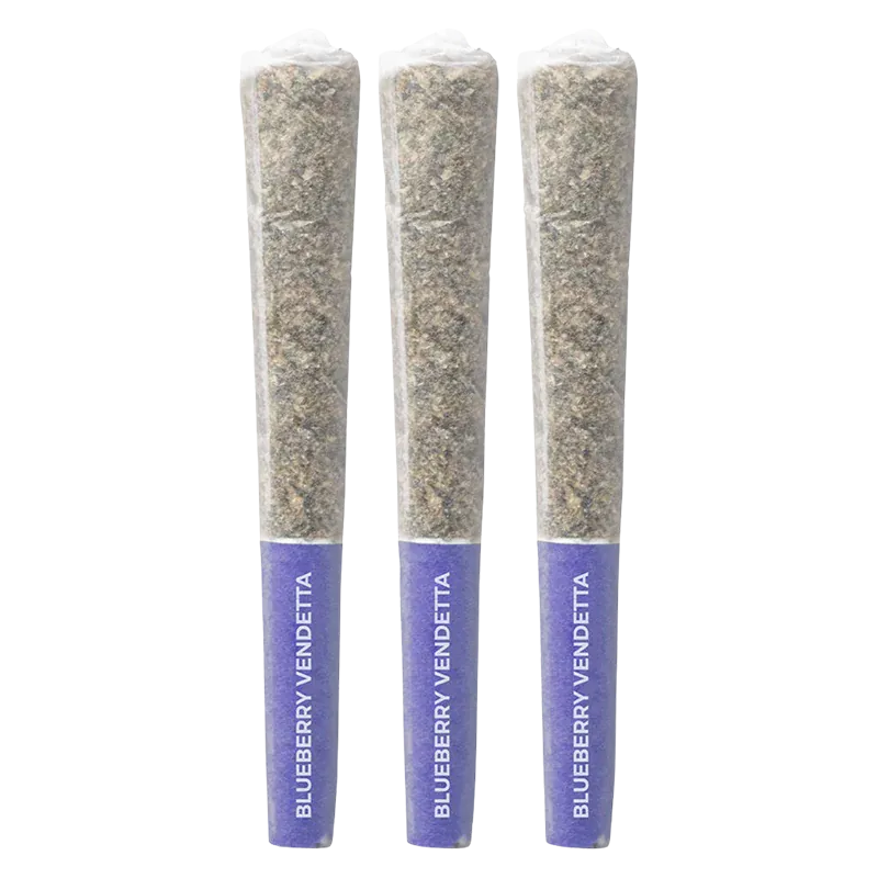 Three pre-rolled joints photographed upright in a row, each showing the LSO Collection Blueberry Vendetta PR 3 x 0.5 g purple filter band and clear plastic wrapping.