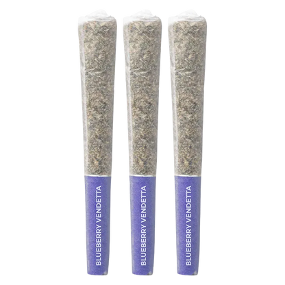 Three pre-rolled joints photographed upright in a row, each showing the LSO Collection Blueberry Vendetta PR 3 x 0.5 g purple filter band and clear plastic wrapping.