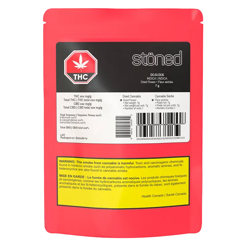 Rear view of the red pouch showing the stöned Do Si Dos label, THC symbol, barcode and yellow health warning panel.