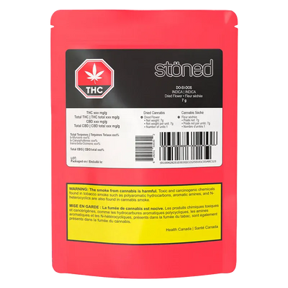 Rear view of the red pouch showing the stöned Do Si Dos label, THC symbol, barcode and yellow health warning panel.