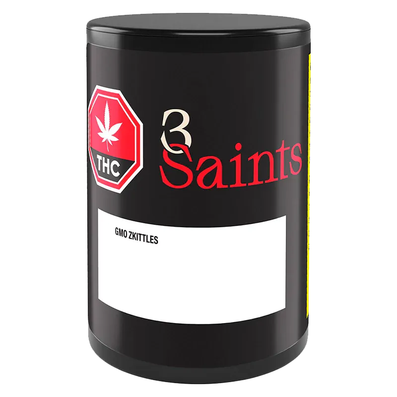 Front three-quarter view of a black cylindrical tin labeled GMO Zkittles PR 14 x 0.5 g with red "3 Saints" logo and a white product panel.
