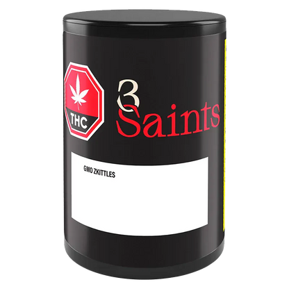 Front three-quarter view of a black cylindrical tin labeled GMO Zkittles PR 14 x 0.5 g with red "3 Saints" logo and a white product panel.