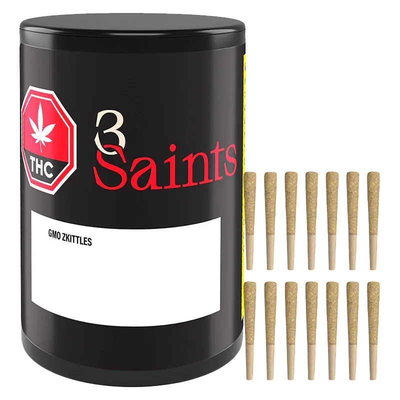 Front-facing view of a black canister and two neat rows of pre-rolled joints, labeled GMO Zkittles PR 14 x 0.5 g.