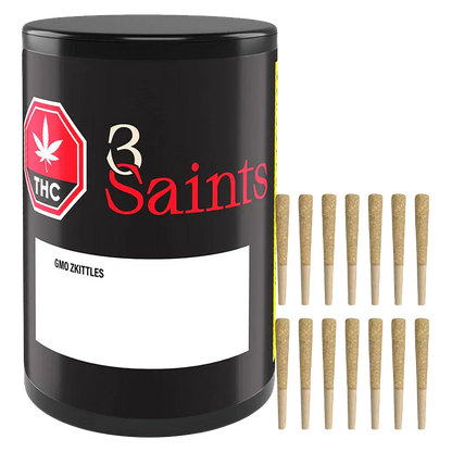 Front-facing view of a black canister and two neat rows of pre-rolled joints, labeled GMO Zkittles PR 14 x 0.5 g.
