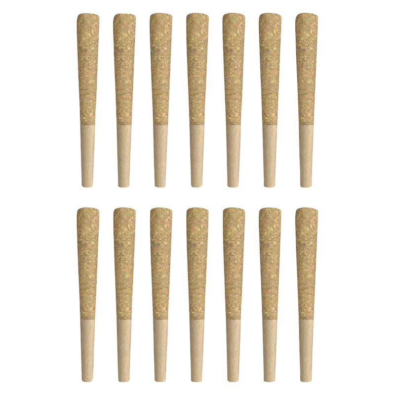 Top-down view of fourteen uniformly rolled cones arranged in two neat rows, labeled GMO Zkittles PR 14 x 0.5 g.