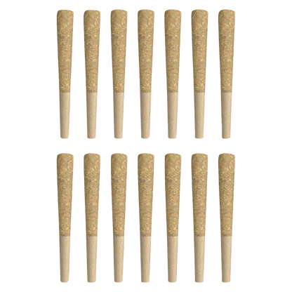 Top-down view of fourteen uniformly rolled cones arranged in two neat rows, labeled GMO Zkittles PR 14 x 0.5 g.