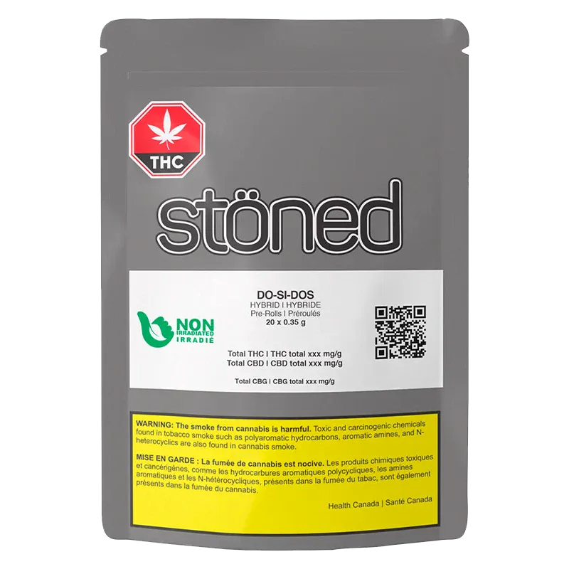 Front-facing shot of the gray pouch labeled "Do Si Dos PR 20 x 0.35 g" from stöned, showing the large logo, THC symbol, and white product panel with QR code.