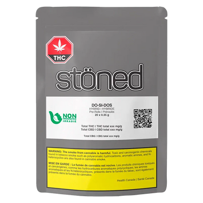 Front-facing shot of the gray pouch labeled "Do Si Dos PR 20 x 0.35 g" from stöned, showing the large logo, THC symbol, and white product panel with QR code.