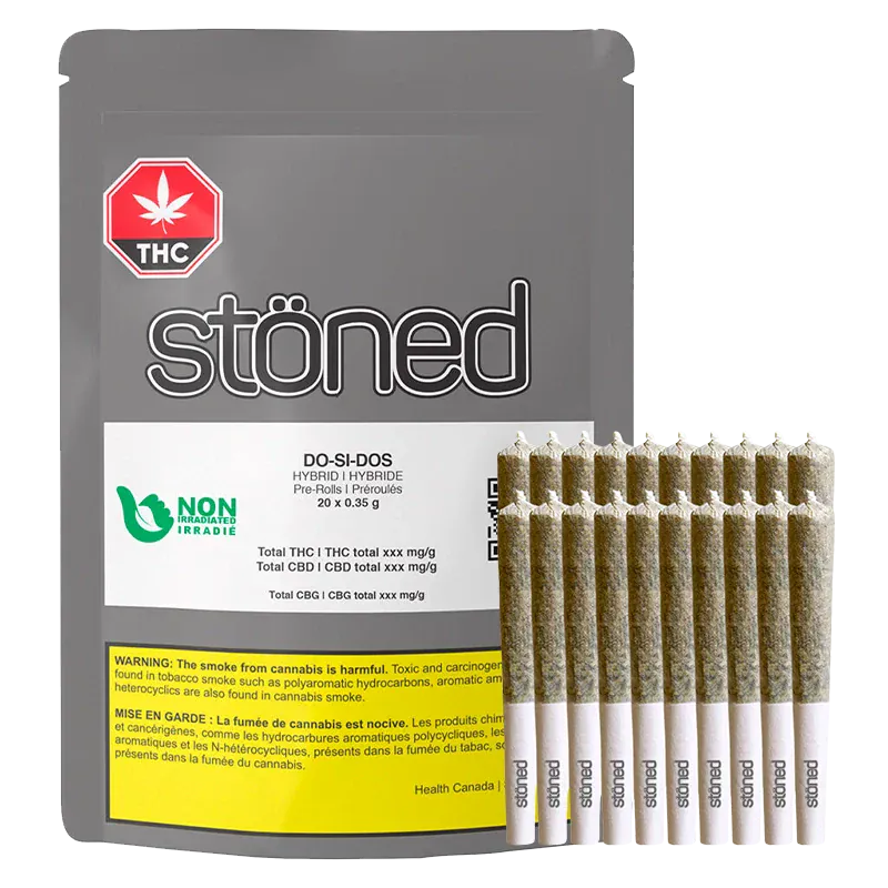 Front view of a gray pouch labeled "stoned" with a white label and a row of Do Si Dos PR 20 x 0.35 g pre-rolls standing upright in front.