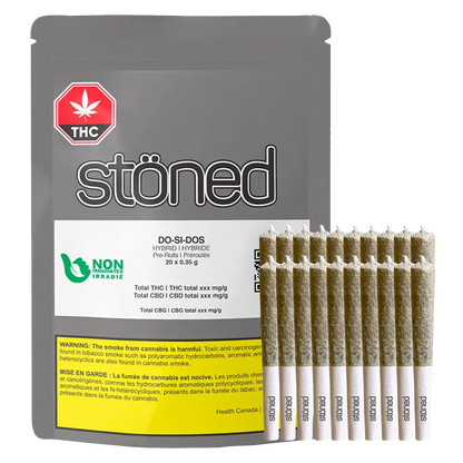Front view of a gray pouch labeled "stoned" with a white label and a row of Do Si Dos PR 20 x 0.35 g pre-rolls standing upright in front.