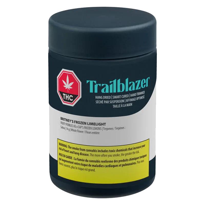 Front view of the black jar labeled Trailblazer Britney's Frozen Limelight with a red THC emblem and yellow warning band.