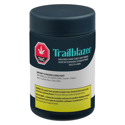 Front view of the black jar labeled Trailblazer Britney's Frozen Limelight with a red THC emblem and yellow warning band.