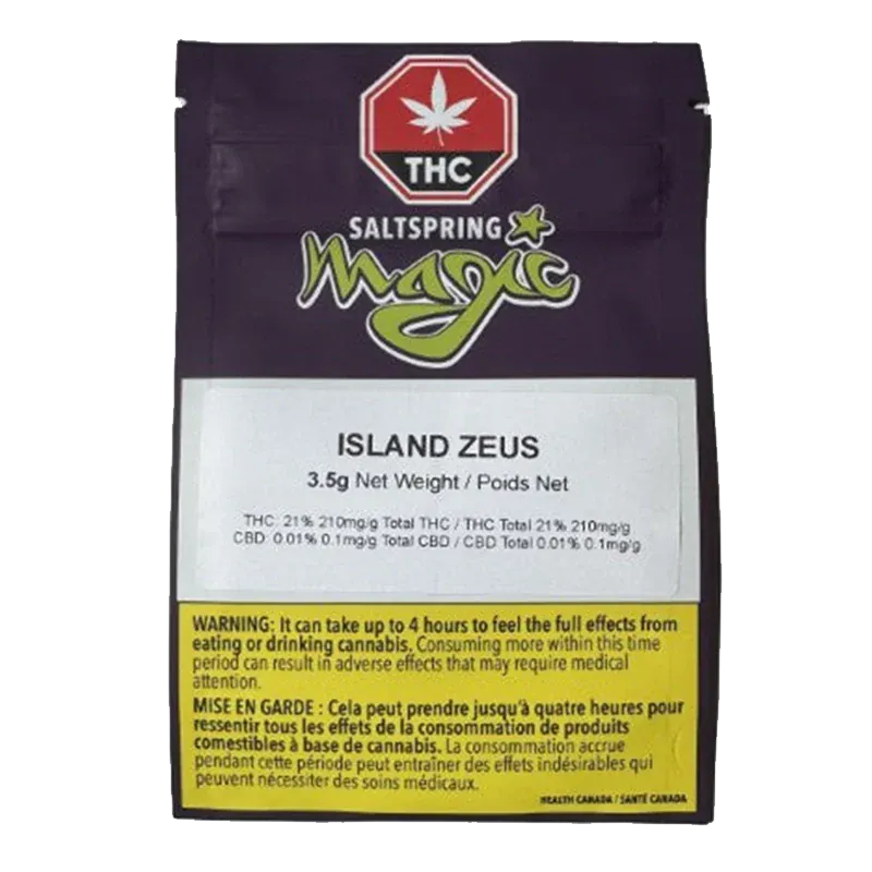 Front-facing pouch photo of the Saltspring Magic Zeus showing the black-and-white label reading "ISLAND ZEUS" above THC and warning text.