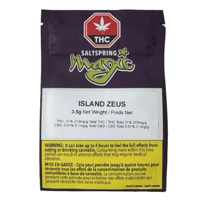 Front-facing pouch photo of the Saltspring Magic Zeus showing the black-and-white label reading "ISLAND ZEUS" above THC and warning text.